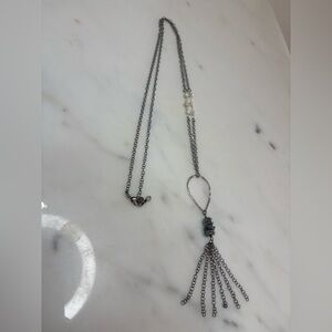 Long Gunmetal 34” Necklace with Pearl Accents & Artisan Boho-style fringe tassel